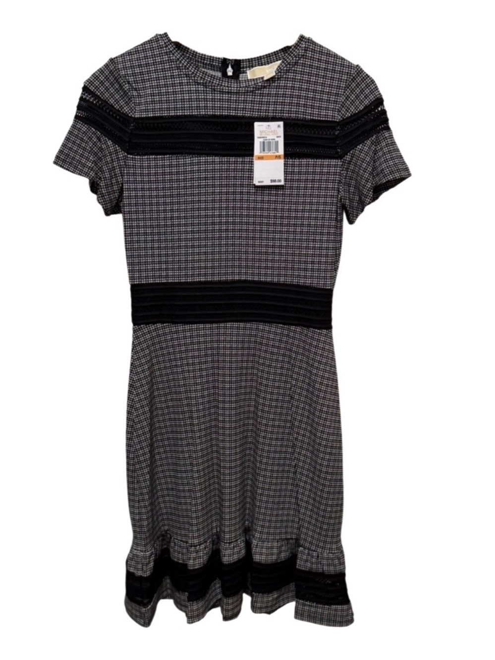 Michael Kors Houndstooth Dress Black White Crochet Lace Trim Petite Small
